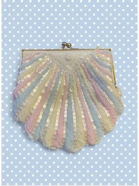 Magid Pastel Beaded Shell Clutch in Pink, Blue & Cream(chain clasp is broken)